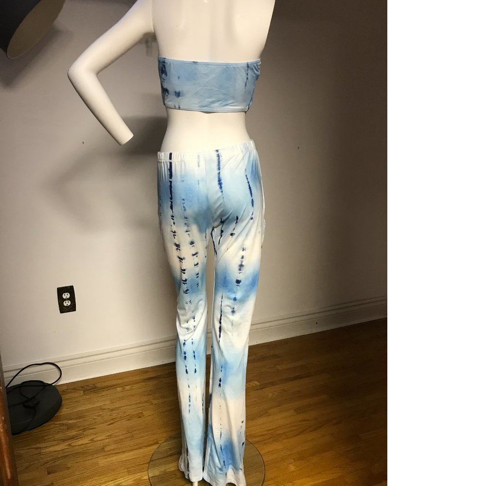 Tie Dye Rainbow sky blue white Bandeau Bikini crop top pants suit stretchy